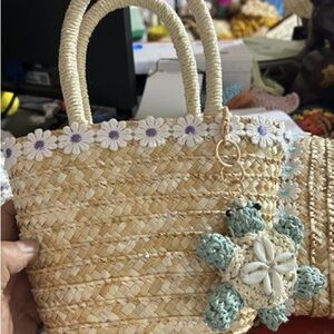 Straw Woven Tote Bag with White Daisy Trim and Mint Crochet Charm